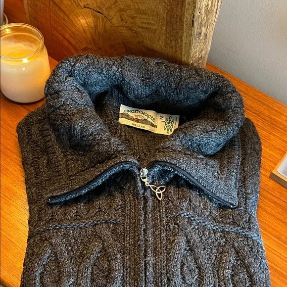 Aran Crafts Irish Merino Wool Cable Knit Coat - size Medium, Charcoal Grey. - Picture 7 of 10